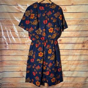 Vintage Midi Dress 70s Talon Zipper Blue Orange Red Tan Midi Dress Flora…
